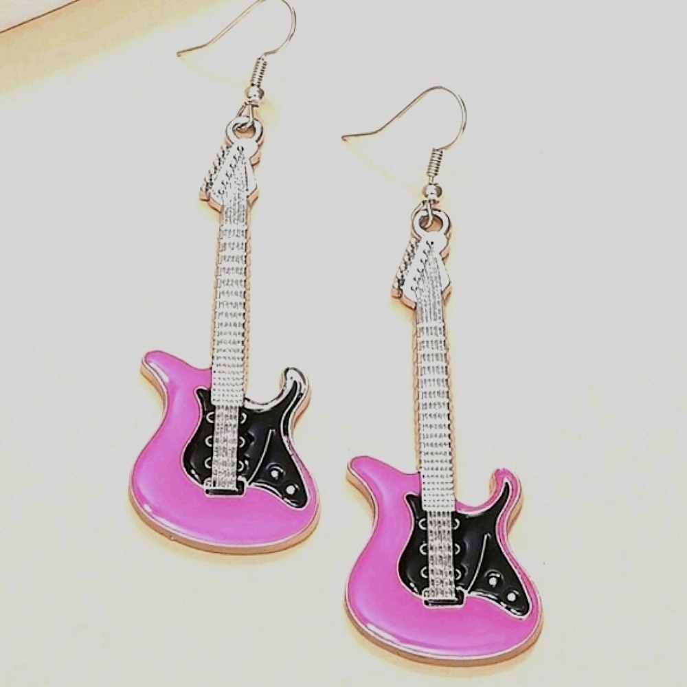 Pink Guitar Earrings 3.3 Inch Rocker Girl Outfit Gift For Musician